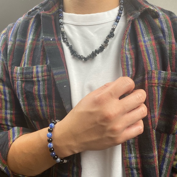 Mens Black Obsidian Blue Aventurine Necklace and Bracelet Beaded Set - Picture 4 of 5